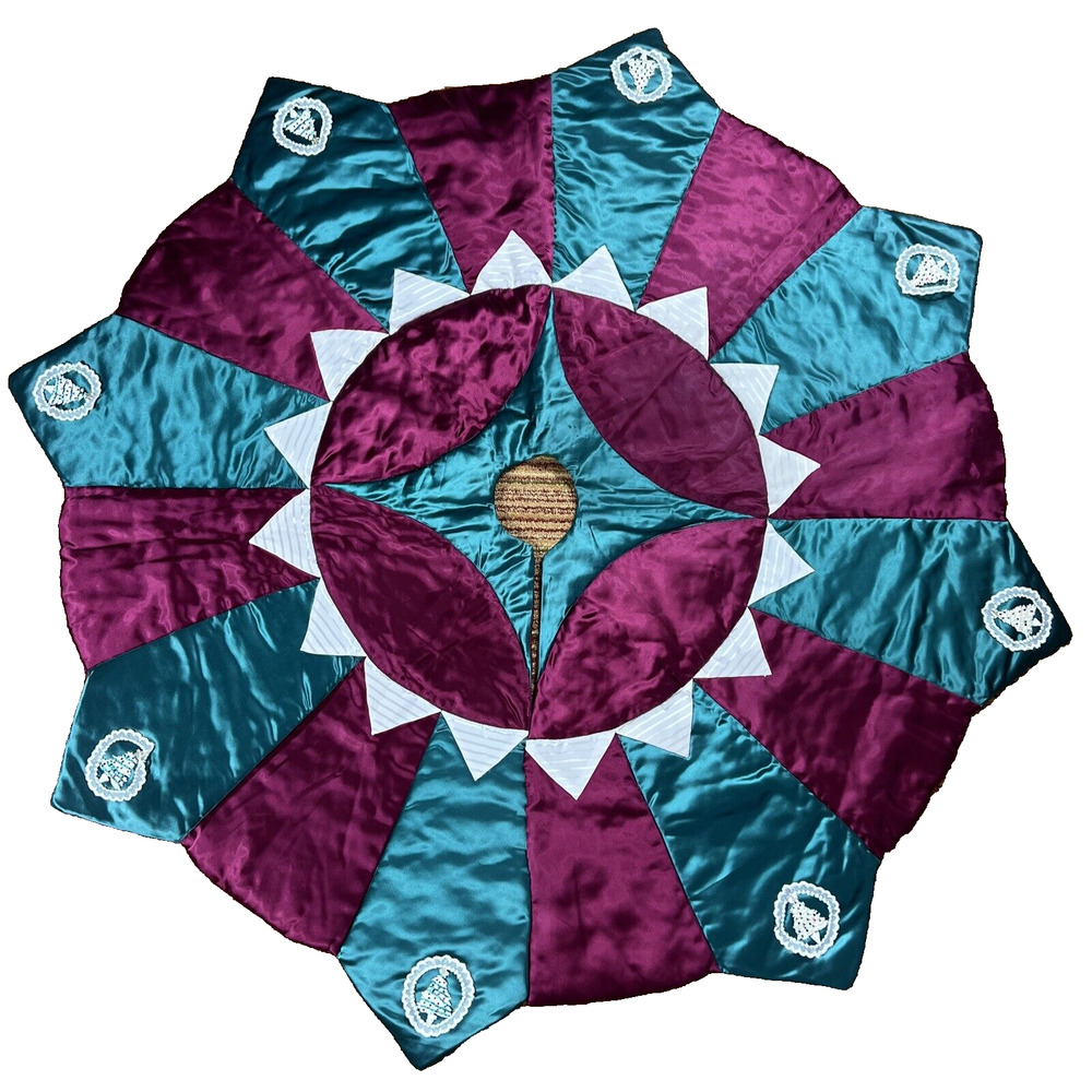 Handmade Satin Christmas Tree Skirt Red Green Crochet Trees Puffy Quilted ~ 48"